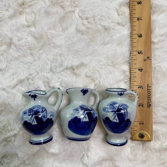 Set of 3 Vintage Miniature Delft Blue Vase Pitcher Hand Painted Blue and White - Picture 7 of 7